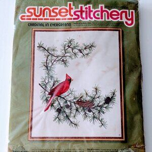 VTG 1976 Sunset Stitchery Cardinal in Evergreens Embroidery Kit 20x24 Winter
